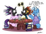  2018 apron bobthedalek christmas_cracker clothing cup dialogue english_text equine eyewear female friendship_is_magic glasses group horn male mammal my_little_pony soot starlight_glimmer_(mlp) sunburst_(mlp) table tea_cup teapot text trixie_(mlp) unicorn 