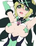  akatsuki_kirika armpits arms_up blonde_hair blush breasts breasts_apart breasts_outside commentary_request covered_navel covered_nipples green_eyes headgear kuro_mushi looking_at_viewer medium_breasts open_mouth pasties senki_zesshou_symphogear shiny shiny_skin short_hair simple_background solo symphogear_pendant upper_body white_background 