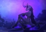 anthro anthrofied atryl barely_visible_genitalia breasts dark equine female full-length_portrait fur hair hooves horn lucid_nightmare mammal nipples nude pink_eyes portrait puffy_nipples purple_fur purple_hair pussy side_view sitting solo subtle_pussy unicorn video_games warcraft 