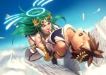  1girl age_difference angel_wings armlet bad_id bad_pixiv_id blue_sky bracer brown_hair circlet closed_eyes cloud commentary day english_commentary feathers fellatio flying glowing glowing_wings gold_trim green_eyes green_hair halo head_back hetero highres john_doe kid_icarus kid_icarus_uprising long_hair midair moaning open_mouth oral palutena penis pit_(kid_icarus) sky sleeveless sunken_cheeks sweat tiara very_long_hair wings 