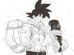  1girl adjusting_scarf amepati bag black_eyes black_hair braid breath chi-chi_(dragon_ball) couple dragon_ball dragon_ball_z greyscale hand_in_pocket happy hetero looking_at_another looking_away monochrome profile scarf short_hair simple_background smile snow son_gokuu spiked_hair upper_body white_background winter winter_clothes 