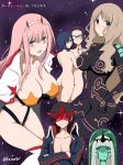  001_(darling_in_the_franxx) 1boy 5girls antispiral_nia antispiral_nia_(cosplay) ass bangs bikini_top black_bodysuit black_hair blue_eyes blue_hair blue_jacket blue_skin blunt_bangs blush bodysuit boots breasts cape cleavage commentary_request cosplay creator_connection crossed_arms darling_in_the_franxx facial_scar fang glasses green_eyes hair_ornament hairband hand_holding highres hiro_(darling_in_the_franxx) horns hug ichigo_(darling_in_the_franxx) ikuno_(darling_in_the_franxx) jacket kokoro_(darling_in_the_franxx) large_breasts light_blue_hair light_brown_hair long_hair looking_at_viewer looking_back lordgenome lordgenome_(cosplay) mask multiple_girls navel nia_teppelin night night_sky niwatori_kokezou nude oni_horns open_clothes open_jacket parody pink_hair ponytail purple_eyes purple_hair red_horns scar short_hair signature simon simon_(cosplay) sky space_yoko star star_(sky) tengen_toppa_gurren_lagann thick_eyebrows thigh_boots thighhighs thighs trigger_(company) white_cape white_hairband white_legwear yoko_littner yoko_littner_(cosplay) yuri zero_two_(darling_in_the_franxx) 