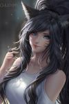  ahri animal_ears black_hair breasts chuby_mi closed_mouth facial_mark fox_ears highres holding holding_hair league_of_legends light_blue_eyes long_hair looking_at_viewer shirt solo white_shirt 