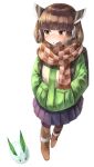  :o absurdres backpack bag bangs blush boots brown_eyes brown_footwear brown_hair brown_legwear checkered checkered_scarf coat earmuffs eyebrows_visible_through_hair full_body fur-trimmed_boots fur_trim green_coat hands_in_pockets highres long_sleeves netamaru open_mouth pantyhose pleated_skirt pocket purple_skirt scarf short_hair simple_background skirt snow_bunny solo touhoku_kiritan voiceroid white_background 