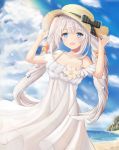  1girl :d beach black_bow blue_eyes blue_sky blush bow breasts cleavage cloud collarbone day dress eyebrows_visible_through_hair fate/grand_order fate_(series) floating_hair flower hat hat_bow long_dress long_hair marie_antoinette_(fate/grand_order) marie_antoinette_(swimsuit_caster)_(fate) medium_breasts open_mouth outdoors shiny shiny_hair silver_hair sky sleeveless sleeveless_dress smile solo sparkle starfish_hair_ornament sun_hat sundress very_long_hair white_dress white_flower yellow_hat 