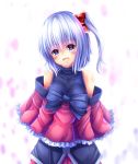  :d alternate_costume alternate_hair_length alternate_hairstyle blue_eyes blush bow breasts commentary_request head_tilt large_breasts looking_at_viewer open_mouth shinki short_hair side_ponytail silver_hair smile solo touhou touhou_(pc-98) yanagi_no_ki 