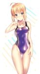  absurdres ahoge alternate_costume artoria_pendragon_(all) ass_visible_through_thighs bangs bare_arms bare_shoulders blonde_hair blush breasts cleavage collarbone competition_swimsuit contemporary covered_navel cowboy_shot eyebrows_visible_through_hair fate_(series) green_eyes hair_bun hand_on_hip head_tilt highleg highleg_swimsuit highres ichiren_namiro looking_at_viewer one-piece_swimsuit parted_lips purple_swimsuit saber sidelocks solo swimsuit thighs 