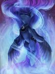  2018 abstract_background absurd_res blue_feathers blue_hair cutie_mark equine eyes_closed feathered_wings feathers female feral floating friendship_is_magic glowing_horn hair hi_res hooves horn long_hair magic mammal my_little_pony nude portrait princess_luna_(mlp) solo underhoof vanillaghosties winged_unicorn wings 