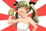  &gt;_&lt; :d absurdres anchovy bangs barashiya black_ribbon blush_stickers commentary drill_hair eyebrows_visible_through_hair girls_und_panzer green_hair hair_ribbon highres holding juice_box long_hair naked_towel open_mouth ribbon rising_sun smile solo sunburst towel twin_drills twintails 