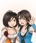  589gakya black_hair bodysuit breasts cleavage final_fantasy final_fantasy_ix final_fantasy_viii garnet_til_alexandros_xvii long_hair multiple_girls open_mouth orange_bodysuit rinoa_heartilly short_hair sleeveless_duster smile 