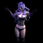  10s 1girl 3d arms_up bare_shoulders black_background black_boots black_gloves black_panties boots breasts camilla_(fire_emblem_if) cleavage corset covering_one_eye elbow_gloves female fire_emblem fire_emblem_if fire_emblem_musou gloves hair_over_one_eye large_breasts long_hair looking_at_viewer nintendo outstretched_arms panties purple_eyes purple_hair simple_background smile solo standing underwear 