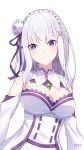  2018 breasts cleavage cleavage_cutout dated detached_sleeves emilia_(re:zero) eyebrows_visible_through_hair flower ge_zhong_kuaile gem hair_flower hair_ornament hair_ribbon head_tilt large_breasts long_hair looking_at_viewer purple_eyes purple_ribbon re:zero_kara_hajimeru_isekai_seikatsu ribbon silver_hair simple_background smile solo upper_body white_background white_flower 