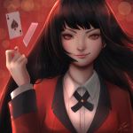  absurdres ace_of_spades arm_up artist_name bangs black_hair buttons closed_mouth collared_shirt fingernails highres jabami_yumeko jacket kakegurui lips long_hair long_sleeves looking_at_viewer red_eyes red_jacket red_lips shirt shirt_under_jacket signature smile smirk solo suit_jacket swept_bangs upper_body white_shirt wing_collar zienu 