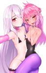  2girls absurdres artist_request ass bikini black_bikini black_frills black_leotard blown_kiss blush breastless_clothes breasts chloe_von_einzbern collar collarbone covered_navel elbow_gloves fate/grand_order fate/kaleid_liner_prisma_illya fate_(series) fingernails frilled_legwear frills gloves gradient_hair hair_between_eyes highres illyasviel_von_einzbern leotard long_hair looking_at_viewer micro_bikini multicolored_hair multiple_girls nail_polish navel one_eye_closed one_side_up orange_eyes outstreched_arm pantyhose pasties pink_gloves pink_hair pink_legwear pink_nails purple_collar purple_legwear red_eyes red_hair shiny shiny_clothes shiny_hair shiny_skin simple_background small_breasts star star_pasties swimsuit teeth tongue tongue_out two-tone_hair v very_long_hair white_background white_hair 