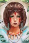  artist_name asian brown_hair closed_mouth commentary earrings eyes facepaint facial_mark green_eyes headband highres jewelry lips looking_at_viewer mononoke_hime necklace nose purple_lips realistic san short_hair solo tecnomayro upper_body 