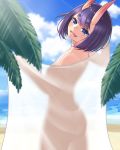  :d ass beach blue_eyes blue_sky breasts cloud cowboy_shot day eyebrows_visible_through_hair fate/grand_order fate_(series) from_behind head_tilt horns jibako looking_at_viewer ocean open_mouth outdoors palm_tree purple_hair see-through_silhouette short_hair shuten_douji_(fate/grand_order) sky small_breasts smile solo standing sunlight tree 