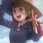  :d arms_up artist_name black_ribbon blue_sky brown_hair chromatic_aberration cloud collared_shirt deviantart_username hand_up hat highres hood hood_down kagari_atsuko little_witch_academia long_hair long_sleeves looking_at_viewer luna_nova_school_uniform neck_ribbon open_mouth purple_hat red_eyes ribbon robe round_teeth shirt signature sky smile solo spread_fingers teeth watermark web_address white_shirt wide_sleeves witch witch_hat zienu 