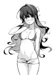  ass_visible_through_thighs bikini blush breasts collarbone commentary_request cowboy_shot fang greyscale halftone halterneck hand_up highres kantai_collection kurihara_kenshirou long_hair looking_at_viewer lowleg lowleg_bikini medium_breasts monochrome multicolored_hair naganami_(kantai_collection) navel open_pants short_shorts shorts sidelocks simple_background solo sweatdrop swimsuit thigh_gap two-tone_hair white_background 