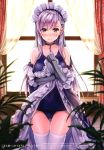  3: absurdres alternate_costume arm_guards ass_visible_through_thighs azur_lane bangs bare_shoulders belfast_(azur_lane) blue_swimsuit blush braid breasts chain collar collarbone curtains dress dress_lift eyebrows_visible_through_hair floral_print french_braid frilled_dress frills gloves hand_on_own_chest highres indoors kotatsu_(kotatsu358) large_breasts lifted_by_self long_hair long_sleeves looking_at_viewer maid_headdress off_shoulder one-piece_swimsuit purple_eyes scan school_swimsuit shiny shiny_hair solo standing swimsuit swimsuit_under_clothes thighhighs white_gloves white_legwear window 