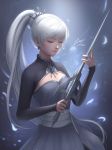  1girl artist_name breasts closed_mouth commentary eyes_closed gem highres holding holding_sword holding_weapon long_hair long_sleeves medium_breasts rwby signature solo sword tagme very_long_hair weapon weiss_schnee white_background zienu 