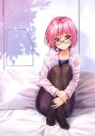  absurdres against_wall bangs bed_sheet black-framed_eyewear blush breasts closed_mouth collarbone competition_school_swimsuit crossed_ankles eyebrows_visible_through_hair fate/grand_order fate_(series) feet fingernails full_body highres knees_up kotatsu_(kotatsu358) legs_together long_sleeves looking_at_viewer mash_kyrielight medium_breasts no_shoes pantyhose pink_hair purple_eyes scan shadow shiny shiny_hair shirt short_hair sitting skirt solo swimsuit tareme 
