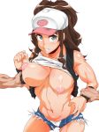  1girl areolae bare_shoulders baseball_cap black_vest blue_eyes blue_shorts blush bow bow_panties breasts brown_hair cameltoe clenched_teeth collarbone cowboy_shot disembodied_limb female hand_up hat highres ko1444 large_breasts looking_at_viewer micro_shorts muscle muscular_female navel nipples no_bra open_fly panties poke_ball_theme pokemon pokemon_(game) pokemon_bw ponytail puffy_nipples restrained shiny shiny_hair shiny_skin shirt shirt_lift short_shorts shorts simple_background sleeveless sleeveless_shirt solo standing sweat sweatband teeth textless tied_hair torn_clothes torn_shorts touko_(pokemon) underwear vest white_background white_hat white_panties white_shirt wrist_grab 