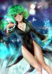  alternate_breast_size artist_logo artist_name black_dress breasts cleavage commentary curly_hair dress green_hair highres large_breasts legs looking_at_viewer one-punch_man pout reaching ripples short_hair solo tatsumaki tecnomayro 