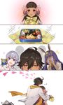  2girls 4koma ahoge animal_ears bangs black_hair bracelet brown_eyes brown_hair cape comic commentary_request crying dark_skin dark_skinned_male earrings egyptian_clothes facial_mark fate/grand_order fate/prototype fate/prototype:_fragments_of_blue_and_silver fate_(series) flower hair_flower hair_ornament hairband jackal_ears jewelry long_hair moses_(fate/prototype_fragments) multiple_boys multiple_girls necklace nefertari_(fate/prototype_fragments) nitocris_(fate/grand_order) obentou omi_(tyx77pb_r2) open_mouth ozymandias_(fate) purple_eyes purple_hair silent_comic smile twitter_username yellow_eyes 