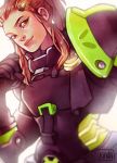  alternate_color armor artist_name brigitte_(overwatch) e-sports freckles gloves hair_ornament hairclip highres houston_outlaws kanda_(kandaem) long_hair orange_hair outlaws_brigitte overwatch overwatch_league ponytail white_background yellow_eyes 