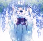  bare_shoulders blurry blurry_foreground breasts cleavage corset crystal depth_of_field detached_collar floral_print flower froslass hair_between_eyes half-closed_eyes hands_up japanese_clothes kimono looking_at_viewer moe_(hamhamham) personification pokemon ribbon-trimmed_clothes ribbon_trim silver_hair small_breasts solo standing tassel white_background white_kimono wide_sleeves wisteria yellow_eyes 