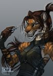  2018 5_fingers anthro black_nose breasts brown_hair brown_nose clothed clothing digital_media_(artwork) feline female hair holding_object holding_weapon looking_at_viewer mammal smile solo tatiilange teeth tiger weapon 