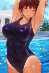 armpits blue_sky blush breasts brown_hair c.cu closed_eyes commentary_request competition_swimsuit cowboy_shot day facing_viewer hands_up huge_breasts one-piece_swimsuit original outdoors parted_lips pool purple_swimsuit sky smile solo standing swimsuit tan tanline 