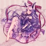  animal_ears bangs bare_shoulders barefoot blush bow candy chocolate chocolate_heart dog_ears doily dress espeon food frills full_body heart highres jewelry long_hair looking_at_viewer moe_(hamhamham) parted_bangs parted_lips personification pokemon purple_background purple_bow purple_dress purple_eyes purple_hair red_ribbon ribbon sitting striped striped_background tail very_long_hair 