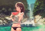  aqua_eyes black_bikini_bottom blush breasts brown_hair day food fruit looking_at_viewer navel original outdoors river solo tree ukimesato water waterfall watermelon 