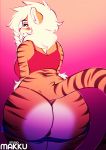  anthro big_butt butt buxbi_(character) clothed clothing english_text feline female fully_clothed fur hair long_hair long_tail looking_at_viewer looking_back mammal orange_fur pants_down partially_clothed pink_nose presenting presenting_hindquarters rear_view red_clothing shorts solo striped_fur stripes text thong tiger tsudamaku white_fur white_hair wide_hips yellow_eyes 