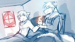  2018 anthro bed beverage canine clothed clothing coffee cup duo eyes_closed female hi_res holding_object inside keidran looking_aside lying male mammal monochrome on_back on_bed raine_(twokinds) scarf sitting sketch smile steam tom_fischbach topless twokinds under_covers webcomic window wolf zen_(twokinds) 