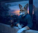  2018 5_fingers anthro beverage canine claws clothed clothing detailed_background fox holding_object mammal plant potted_plant solo strange-fox whiskers 