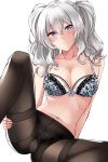  absurdres arm_support aslindsamure bikini black_legwear blue_eyes blush bra breasts cleavage closed_mouth collarbone gusset hair_between_eyes hand_on_own_thigh head_tilt highres kantai_collection kashima_(kantai_collection) knee_up large_breasts lingerie long_hair looking_at_viewer multicolored multicolored_bra multicolored_clothes multicolored_hair navel paid_reward panties panties_under_pantyhose pantyhose patreon_reward protected_link sidelocks silver_hair simple_background sitting smile solo spread_legs stomach swimsuit thighband_pantyhose tsurime twintails underwear wavy_hair white_background 