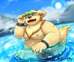  aotoaka canine cusith detailed_background dog eyewear floatie goggles lake male mammal moobs nipples slightly_chubby summer swimming tokyo_afterschool_summoners 