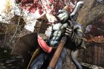  3d_(artwork) anthro armor balls clothing digital_media_(artwork) dragon erection horn jewelry knot loincloth looking_at_viewer male medieval muetank muscular nature open_mouth outside penis shield solo source_filmmaker standing video_games weapon 