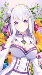  2018 breasts cleavage cleavage_cutout dated detached_sleeves emilia_(re:zero) eyebrows_visible_through_hair flower ge_zhong_kuaile hair_flower hair_ornament hair_ribbon head_tilt large_breasts long_hair looking_at_viewer purple_eyes purple_flower purple_ribbon re:zero_kara_hajimeru_isekai_seikatsu red_flower ribbon silver_hair smile solo upper_body white_flower yellow_flower 