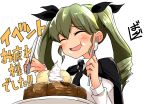  :t absurdres anchovy anzio_school_uniform artist_name bangs barashiya black_cape black_neckwear black_ribbon blush cake cape commentary_request dress_shirt drill_hair eating eyebrows_visible_through_hair food food_on_face fork girls_und_panzer green_hair hair_ribbon happy highres holding holding_fork holding_knife ice_cream knife long_hair long_sleeves necktie open_mouth ribbon school_uniform shirt signature smile solo twin_drills twintails whipped_cream white_shirt 