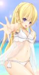  :d bangs bare_arms bare_shoulders bikini blonde_hair blue_sky blurry blurry_background blurry_foreground blush braid breasts commentary_request day depth_of_field eyebrows_visible_through_hair hair_between_eyes highres long_hair looking_at_viewer maru_shion navel ocean open_mouth original outdoors outstretched_arm purple_eyes see-through sky small_breasts smile solo sunlight swimsuit very_long_hair white_bikini 