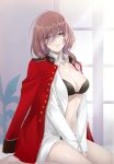  black_bra black_panties bra braid breasts cleavage commentary_request dress_shirt fate/grand_order fate_(series) florence_nightingale_(fate/grand_order) hair_over_shoulder head_tilt highres jacket jacket_on_shoulders large_breasts long_hair looking_at_viewer open_clothes open_shirt panties pantsu_majirou pink_hair red_eyes red_jacket shirt single_braid sitting solo underwear white_shirt 