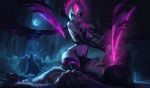  absurdres armor bikini_armor breasts cleavage commentary crescent_moon death elbow_gloves english_commentary evelynn fiery_hair finger_to_mouth fingernails gloves glowing glowing_eyes grey_skin hair_between_eyes highres jessica_oyhenart knight large_breasts league_of_legends moon naughty_face navel night official_art purple_hair sharp_fingernails sitting sitting_on_person slit_pupils solo_focus spiked_hair white_hair wings yellow_eyes 