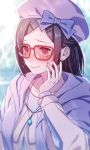  @_@ bat_earrings black_hair blush commentary_request fate/grand_order fate_(series) hair_ornament hairclip hand_up hat heroic_spirit_traveling_outfit highres jewelry long_hair moe_(hamhamham) necklace osakabe-hime_(fate/grand_order) pink_eyes purple_hat red-framed_eyewear smile solo sweatdrop upper_body 
