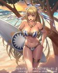  armlet bangs bare_shoulders beach bikini blonde_hair blue_eyes breasts circlet cleavage collarbone commentary_request copyright cuboon dusk eyebrows_visible_through_hair feathers jewelry large_breasts long_hair lost_crusade navel necklace ocean official_art open_mouth original ribbon sand sidelocks striped striped_bikini striped_ribbon sun sunset surfboard swimsuit thigh_strap tree very_long_hair water waves 