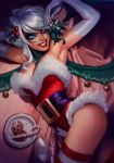  armpits bangs blue_eyes breasts candy candy_cane chocolate_chip_cookie christmas cleavage commentary cookie detached_collar elbow_gloves english_commentary evelynn fangs food fur_trim gloves hair_ornament highres holly_hair_ornament humanization jessica_oyhenart large_breasts league_of_legends lipstick looking_at_viewer lying makeup mistletoe naughty_face on_back pun santa_costume silver_hair slit_pupils solo striped striped_legwear swept_bangs thighhighs white_gloves 