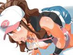  1girl aqua_eyes bag bare_shoulders baseball_cap black_vest blue_shorts blush breasts brown_hair cleavage collarbone cum cum_in_mouth cum_in_nose cum_on_body cum_on_clothes cum_on_tongue cum_on_upper_body denim denim_shorts dutch_angle erect_nipples facial female from_above hat kneeling ko1444 large_breasts looking_up open_mouth poke_ball_theme pokemon pokemon_(game) pokemon_bw ponytail shiny shiny_hair shiny_skin shirt short_shorts shorts simple_background sleeveless sleeveless_shirt solo sweat teeth textless tied_hair tongue tongue_out touko_(pokemon) vest white_background white_hat white_shirt wristband 