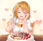  :d arm_support birthday birthday_party blush breasts brown_hair character_name closed_eyes commentary_request facing_viewer food fork fruit hand_on_own_cheek happy_birthday harusame_kiruke heart heart_background highres holding holding_fork medium_breasts medium_hair momioka_risa open_mouth shirt smile solo strawberry to_love-ru upper_body white_shirt 